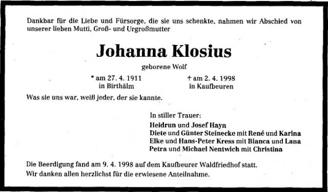 Wolf Johanna 1911-1998 Todesanzeige